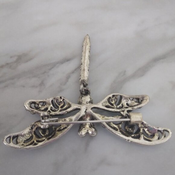 Silver Tone Blue Rhinestone Dragonfly Brooch Pin - Picture 3 of 6